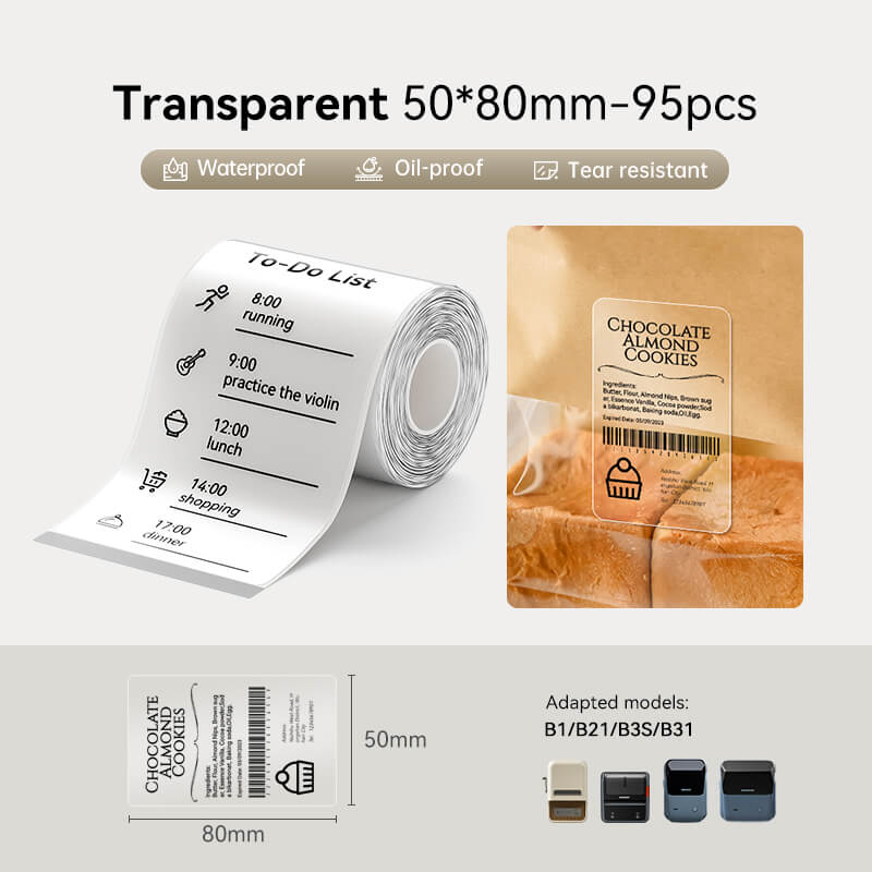 Niimbot B21/B31/B3S/B1/B4/B21 Pro/B2 Pro/B1 Pro 50*80mm 95Pcs Transparent Waterproof Thermal Labels