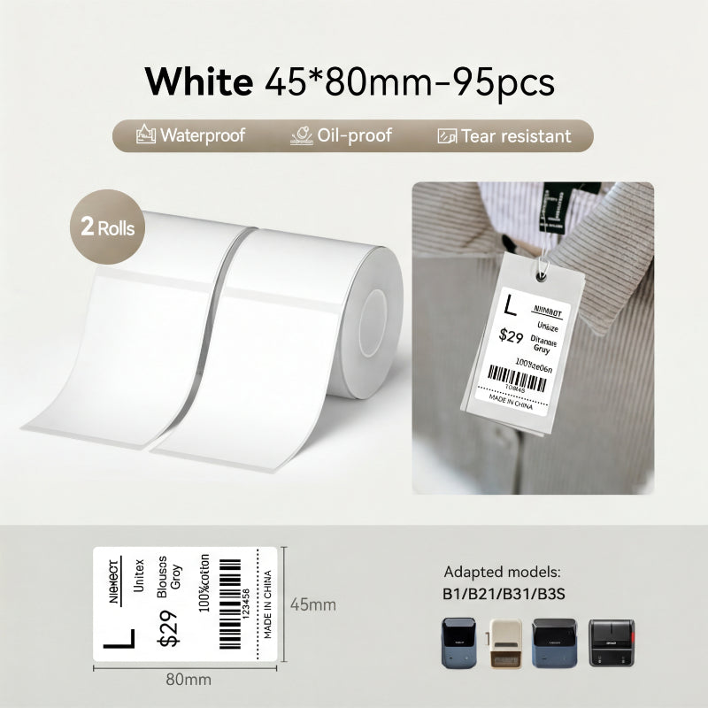 Niimbot B21/B31/B3S/B1/B4/B21 Pro/B2 Pro/B1 Pro Label Tape Set 45*80mm White Thermal Label(2 Rolls)