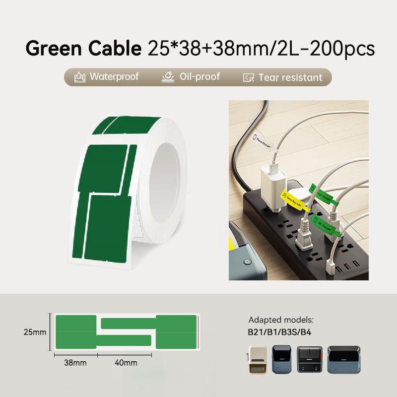Niimbot B21/B31/B3S/B1/B4/B21 Pro/B2 Pro/B1 Pro 25*38+38mm/2L 200pcs Cable Label Paper - Green