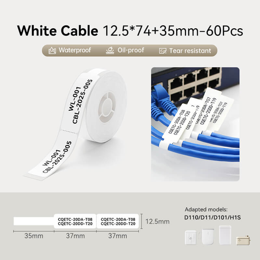 Niimbot D11/D101/D110/H1S 12.5*37mm 65Pcs Thermal Cable Labels - White