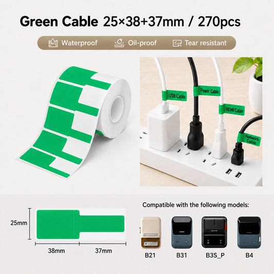 Niimbot B21/B3S/B1/B31/B4 38*25+37mm 270pcs Green Cable Thermal Labels