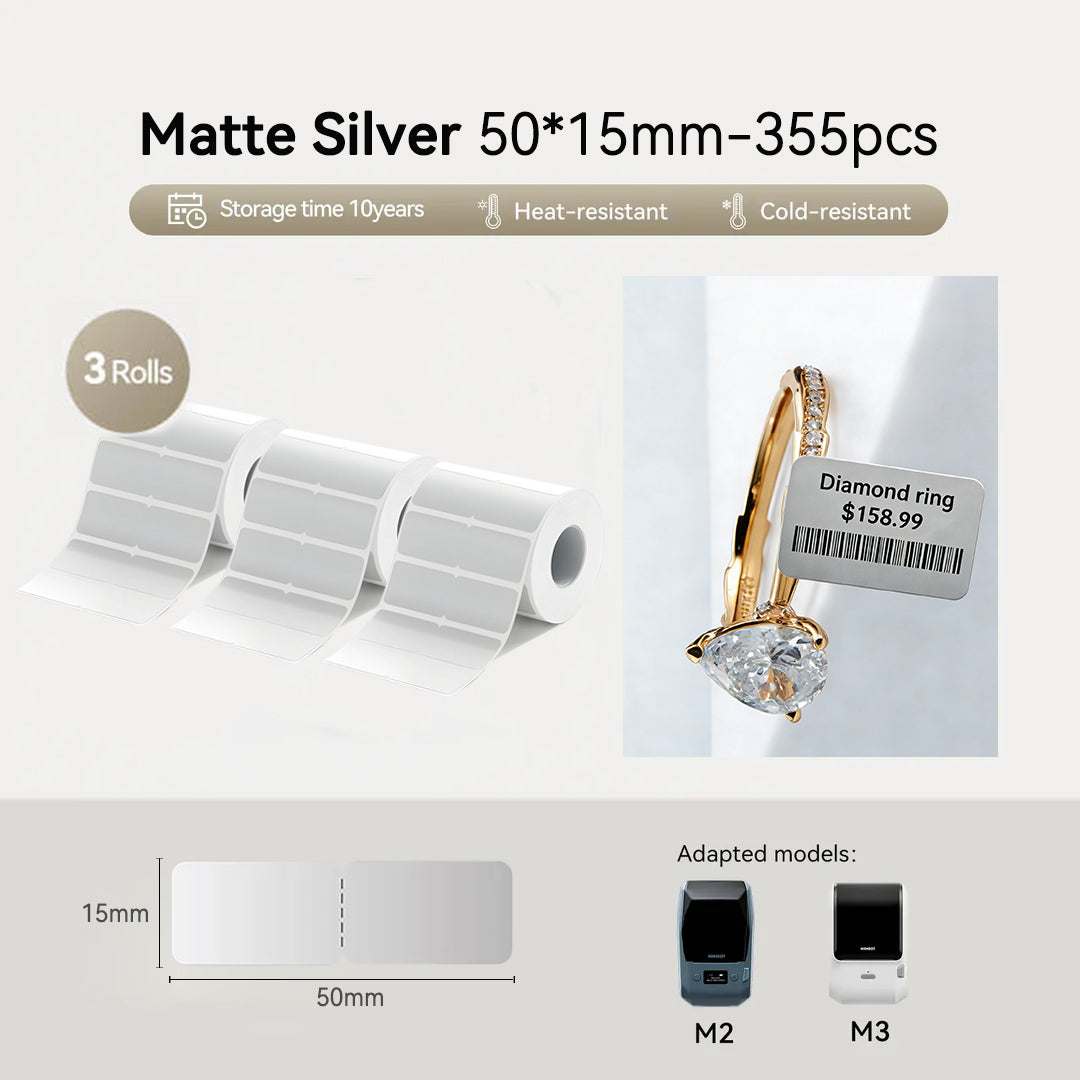 3 Rolls – Niimbot M2/M3 50*15mm 355Pcs Matte Silver Jewelry Thermal Transfer Label