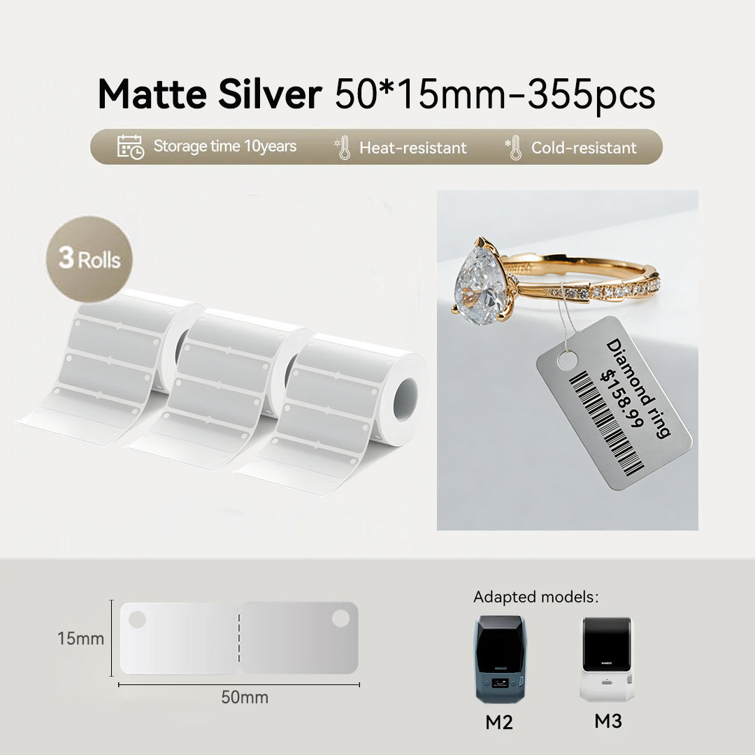 3 Rolls – Niimbot M2/M3 50*15mm 355Pcs Thermal Transfer Label Matte Silver Jewelry with Hole