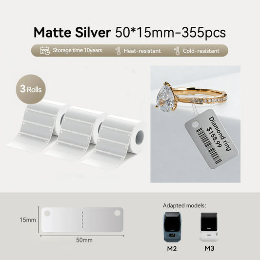 3 Rolls – Niimbot M2/M3 50*15mm 355Pcs Thermal Transfer Label Matte Silver Jewelry with Hole