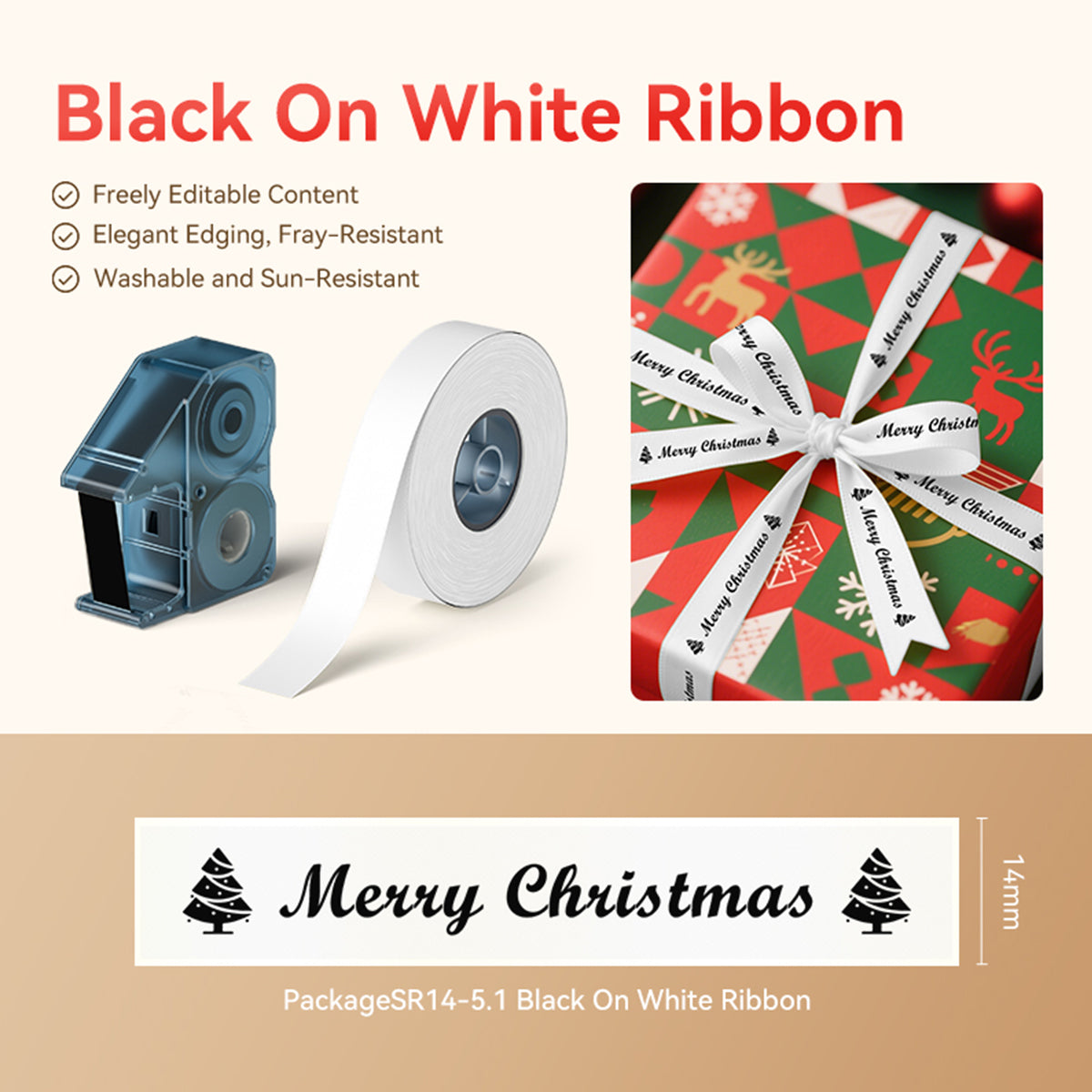 3 Sets  – N1 Satin Ribbon Roll Black On White Ribbon 14 x 5.1mm