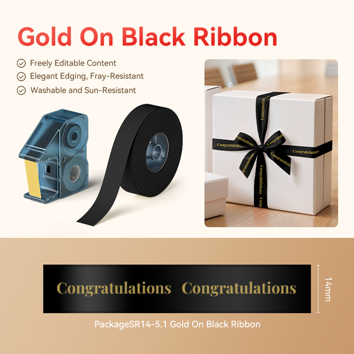 3 Sets  – N1 Satin Ribbon Roll Gold On Black Ribbon 14 x 5.1mm