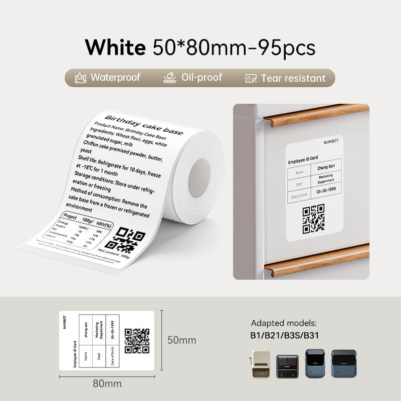 Niimbot B21/B3S/B1/B31 50*80mm 95Pcs Waterproof Freezer Thermal Labels