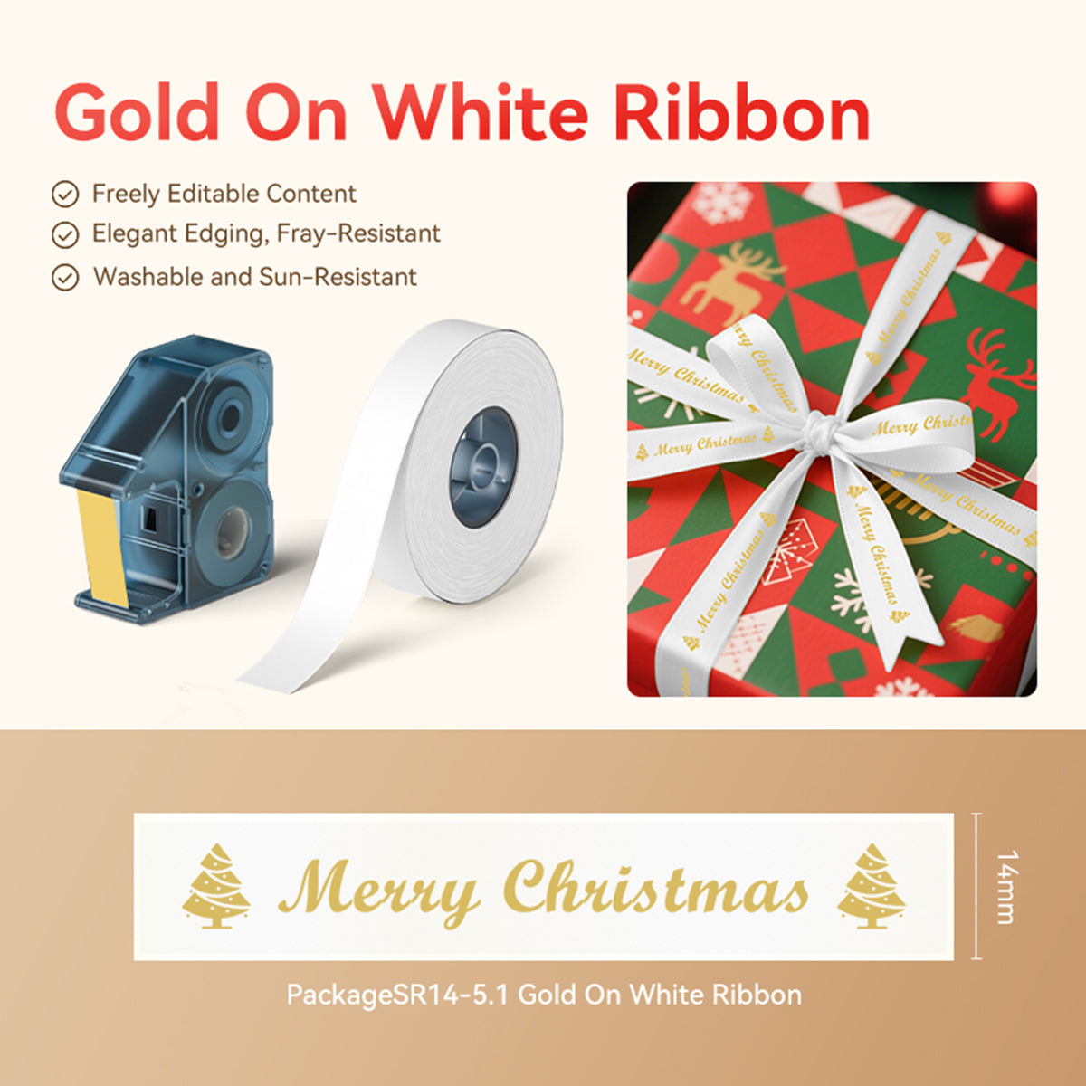 3 Sets  – N1 Satin Ribbon Roll Gold On White Ribbon 14 x 5.1mm