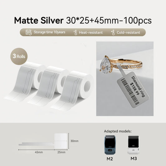 3 Rolls - Niimbot M2/M3 30*25+45mm 100Pcs Thermal Transfer Labels Matte Silver Jewelry