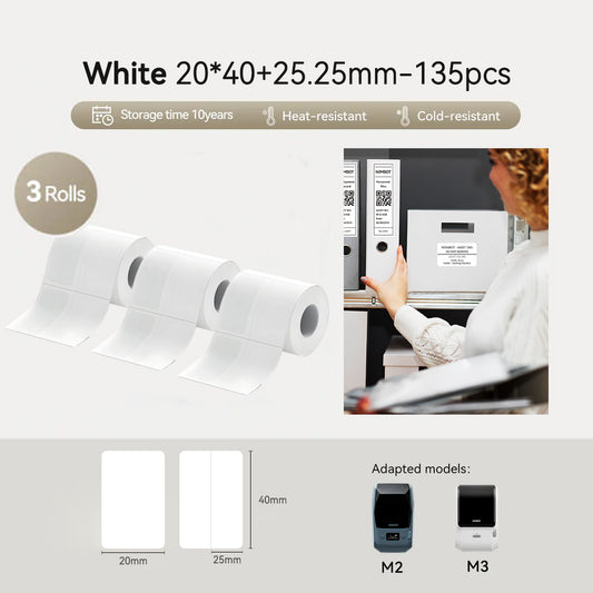 3 Rolls – Niimbot M2/M3 20*40+25.25mm 135Pcs White Thermal Transfer Labels