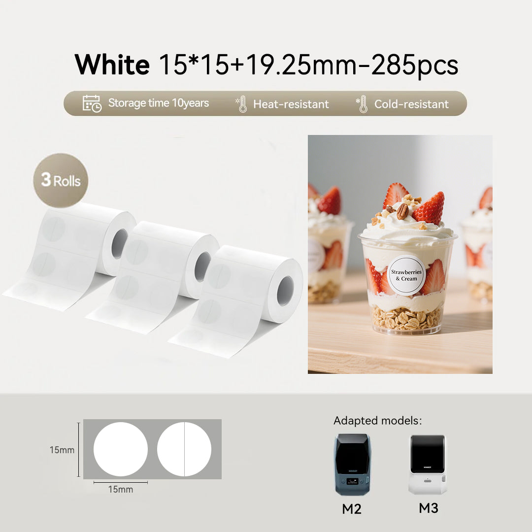 3 Rolls - Niimbot M2/M3 15*15+19.25mm 285Pcs Round White Thermal Transfer Labels