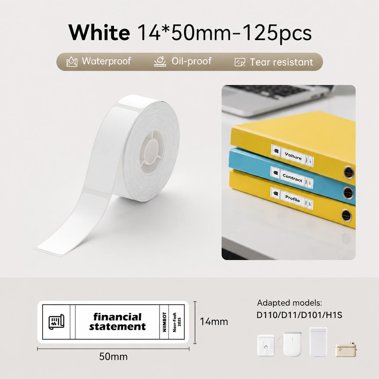 Niimbot D11/D110/D101/H1S 14*50mm 125Pcs White Thermal Labels