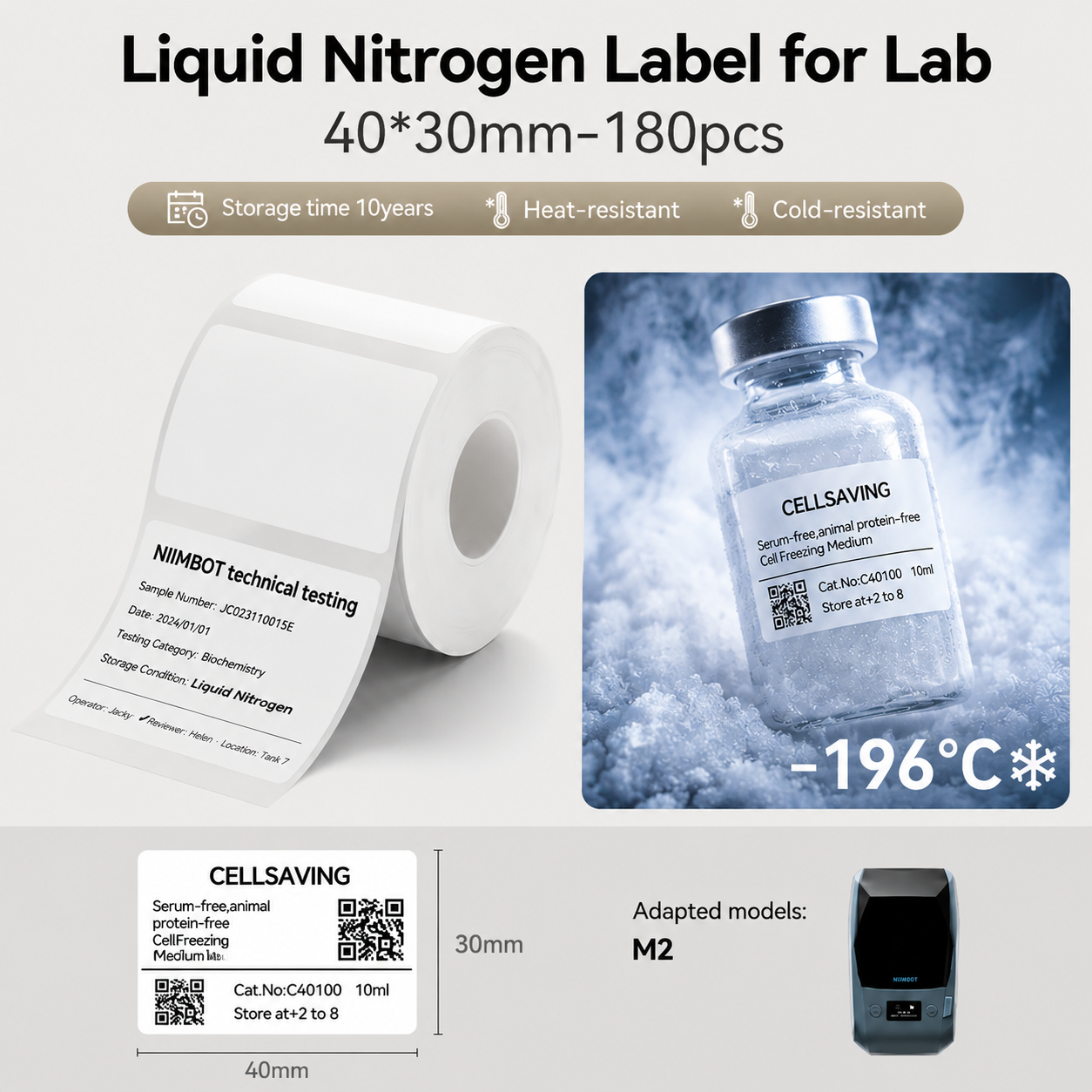 Niimbot M2_H/M3 40*30mm 180Pcs White Liquid Nitrogen Thermal Transfer Label For Lab