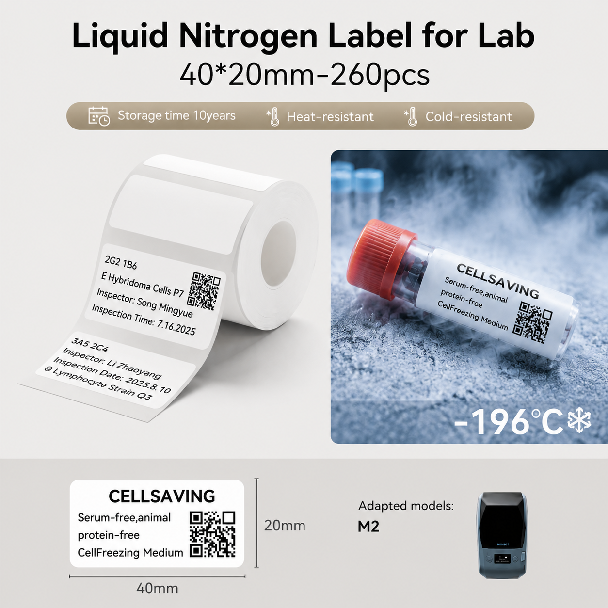 Niimbot M2_H/M3 40*20mm 260Pcs White Liquid Nitrogen Thermal Transfer Label For Lab