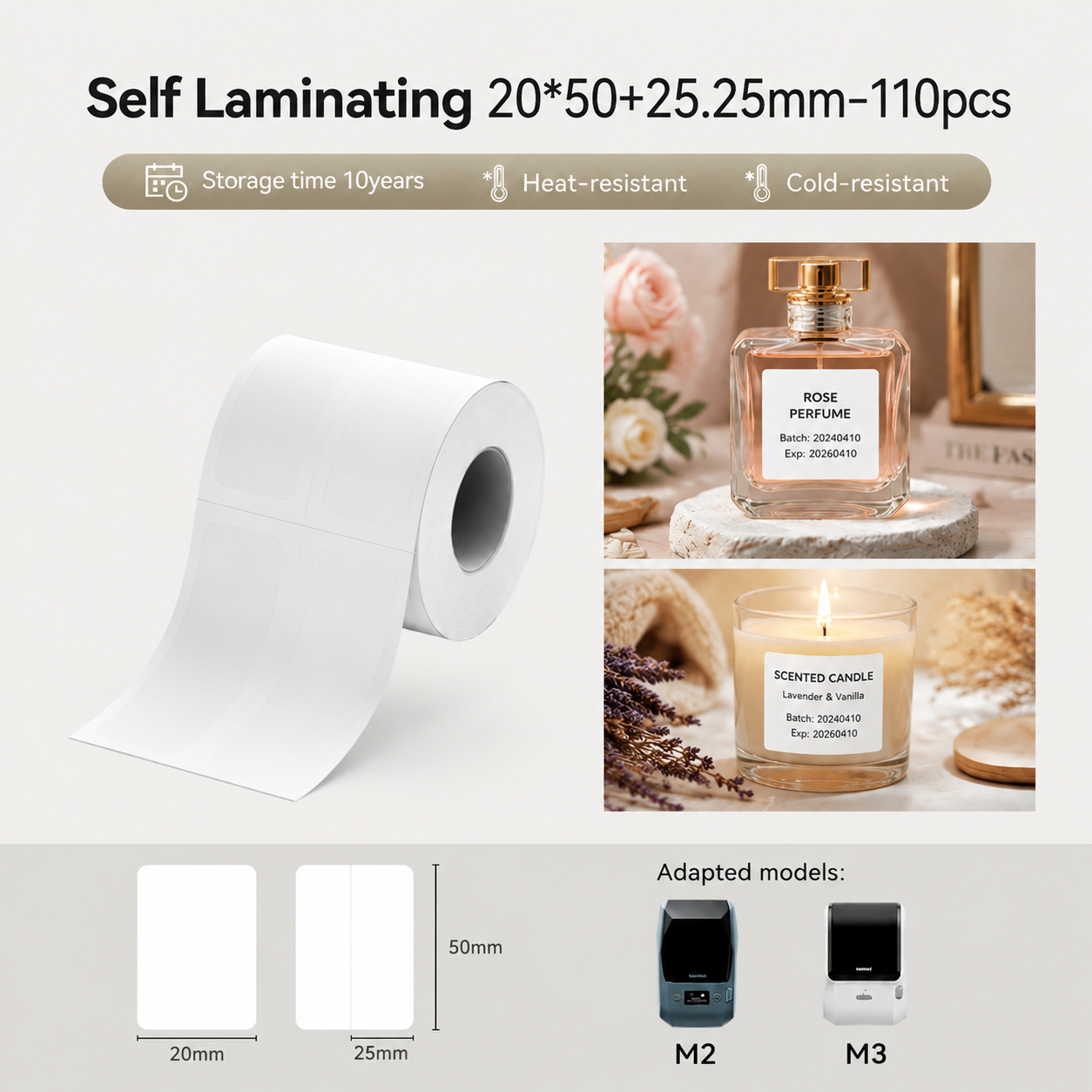 Niimbot M2_H/M3 20*50+25.25mm 110Pcs Self-laminated White Thermal Transfer Labels