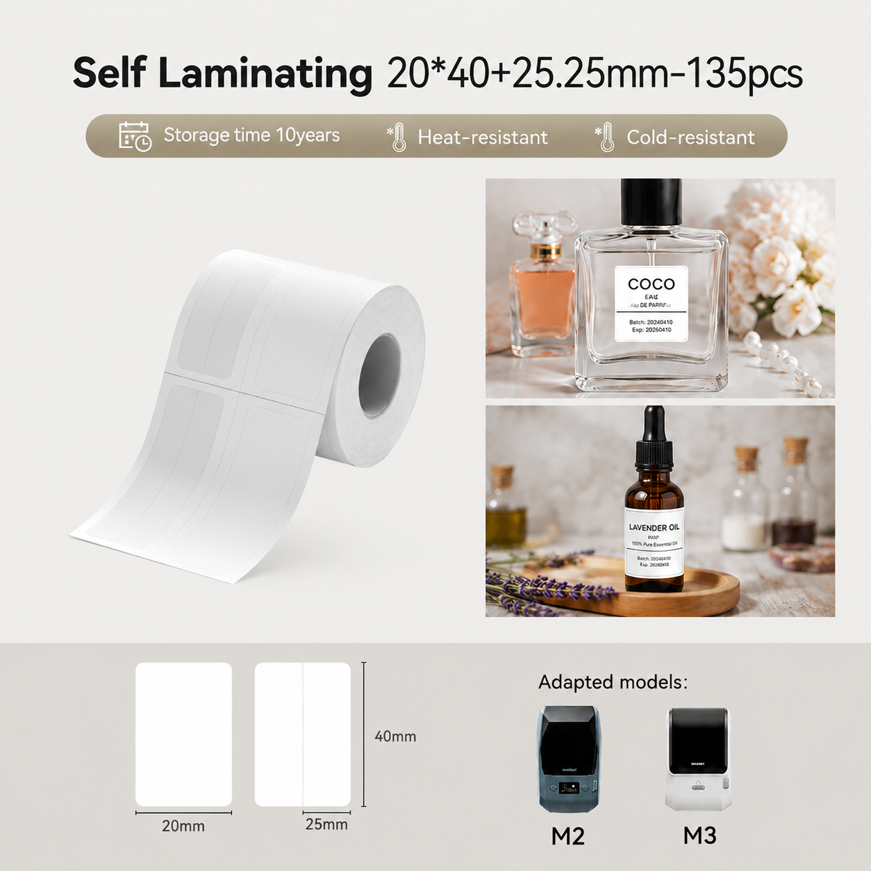 Niimbot M2_H/M3 20*40+25.25mm 135Pcs Self-laminated White Thermal Transfer Labels