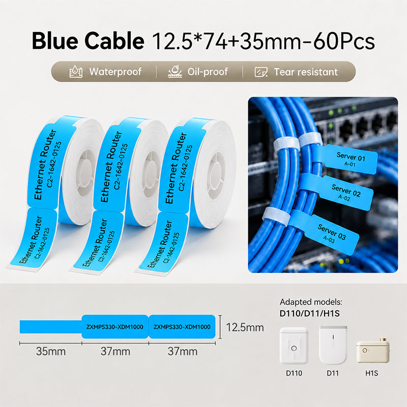 Niimbot D11/D110/H1S 12.5*74+35mm 60Pcs Blue Cable Thermal Labels (3 Rolls)