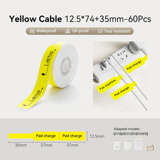 Niimbot D11/D101/D110/H1S 12.5*37mm 65Pcs Thermal Cable Labels - Yellow
