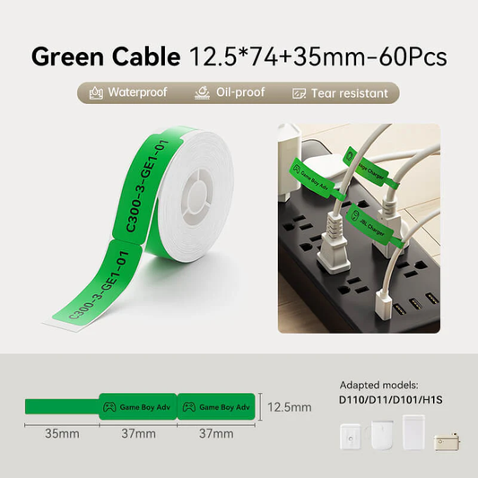 Niimbot D11/D101/D110/H1S 12.5*37mm 65Pcs Thermal Cable Labels - Green