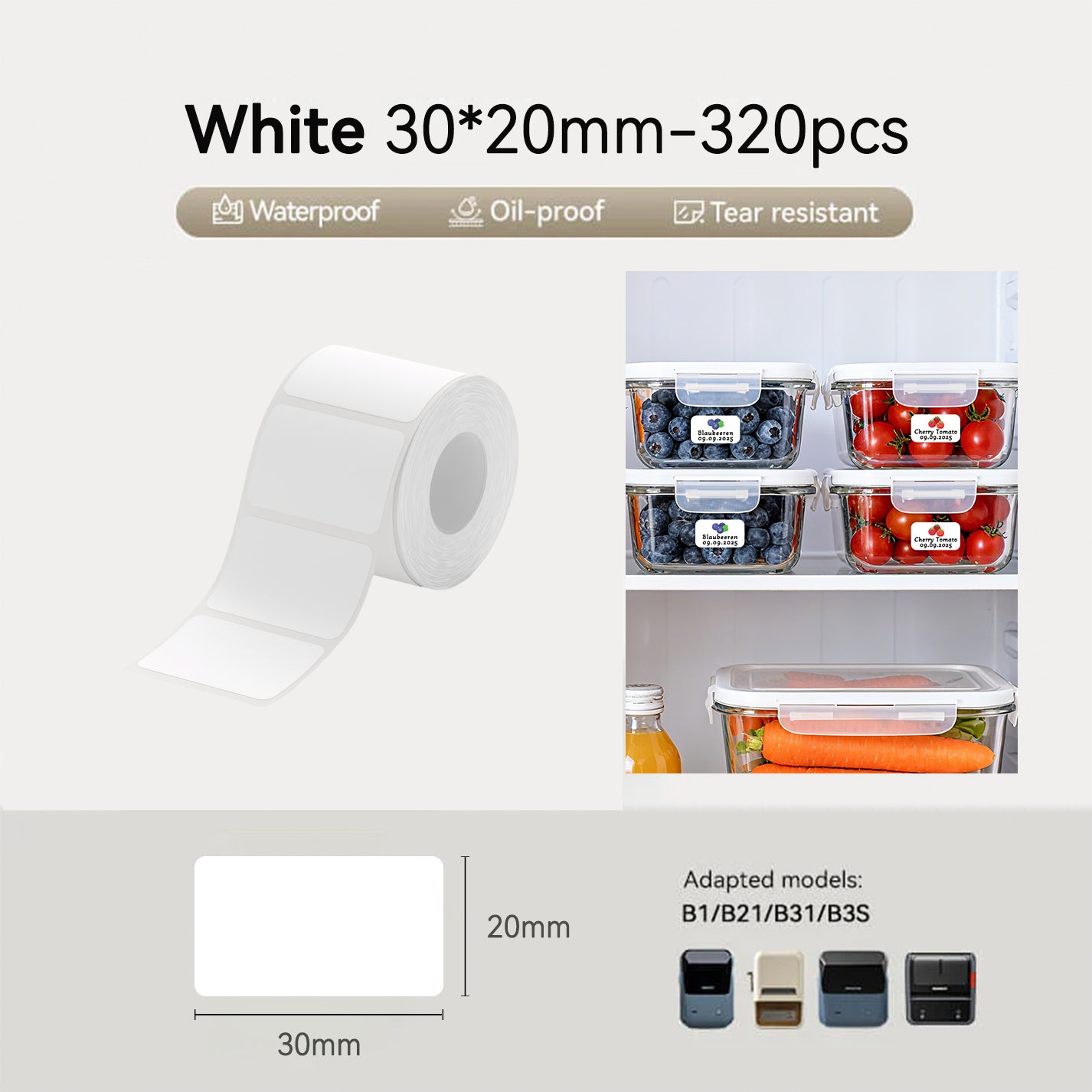 Niimbot B21/B1/B3S/B31 30*20mm 320Pcs White Freezer Thermal Labels