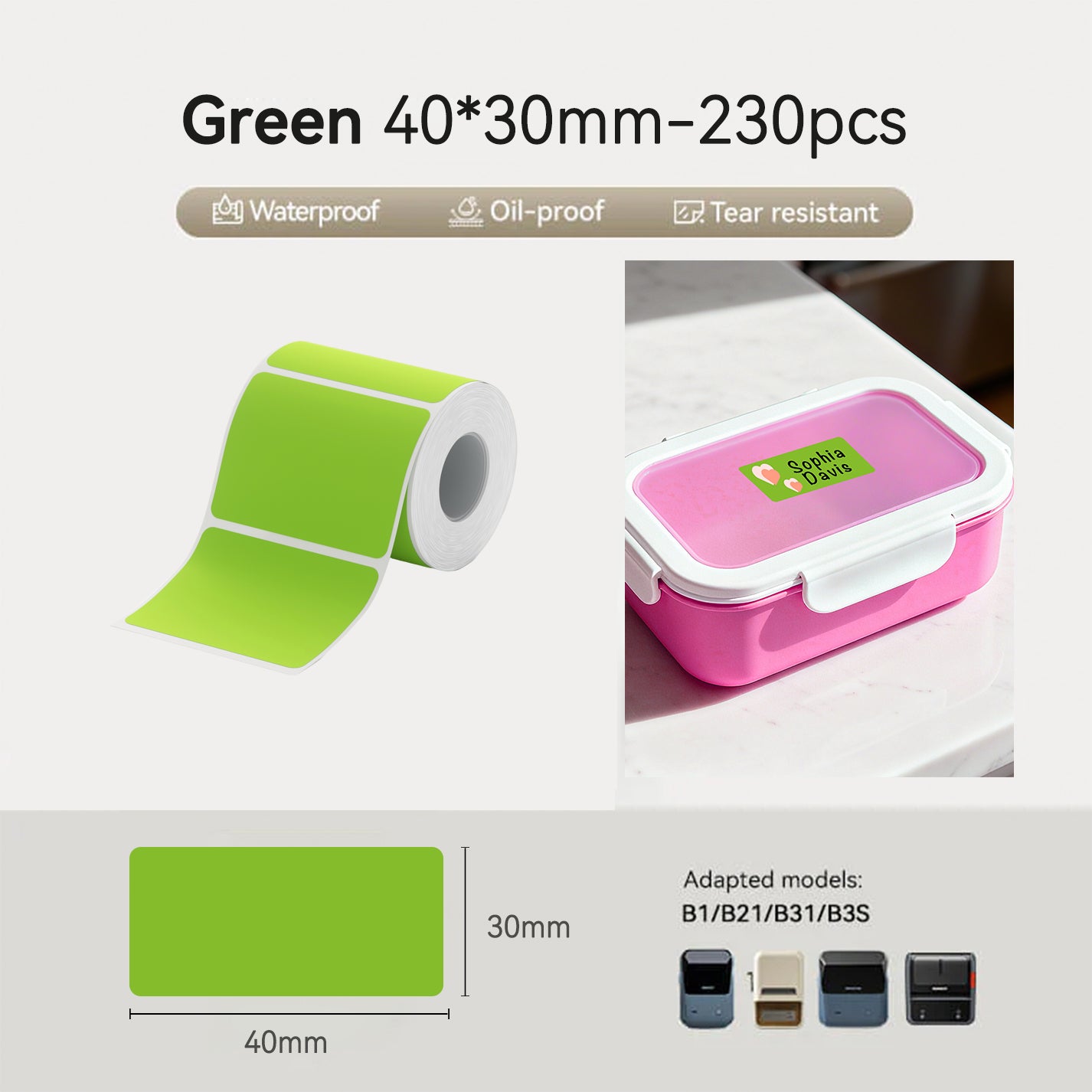 Niimbot B21/B3S/B1/B31 40*30mm 230Pcs Green Thermal Labels