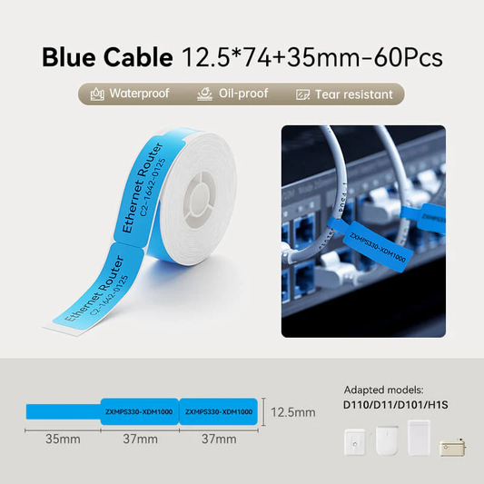 Niimbot D11/D101/D110/H1S 12.5*37mm 65Pcs Thermal Cable Labels - Blue