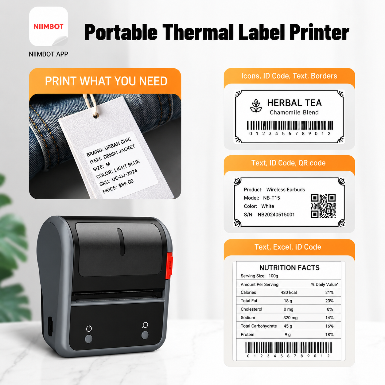 NIIMBOT B3S_P Thermal Label Maker Bluetooth & PC Connected, for Clothing, Receipt Printing, Barcode, Shipping