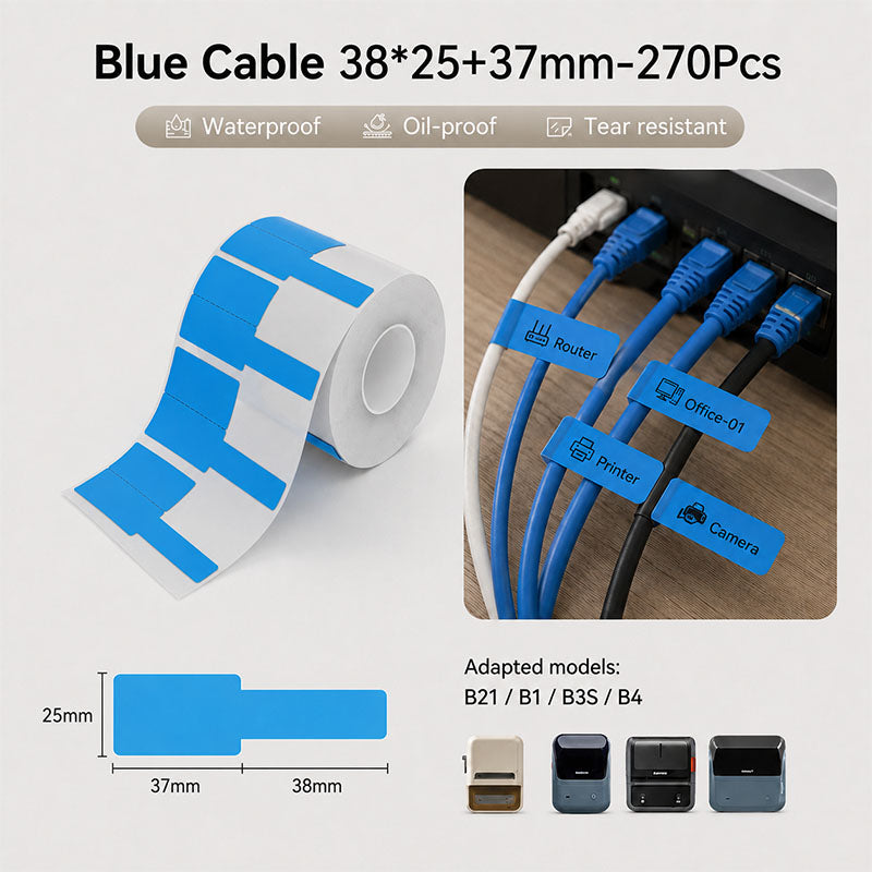 Niimbot B21/B3S/B1/B31/B4 38*25+37mm 270pcs Blue Cable Thermal Labels