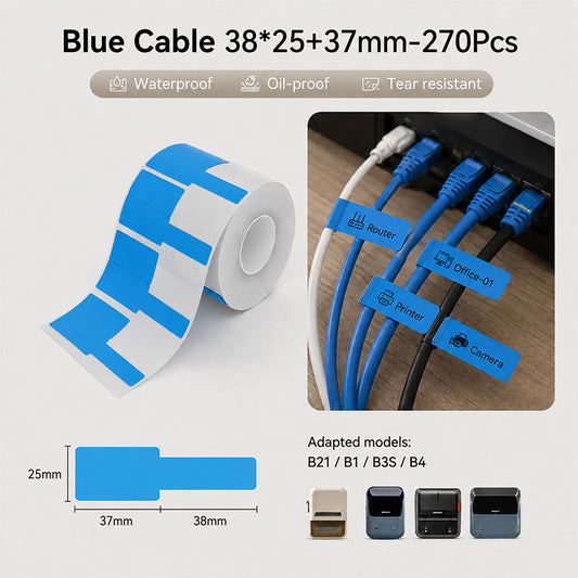 Niimbot B21/B3S/B1/B31/B4 38*25+37mm 270pcs Blue Cable Thermal Labels