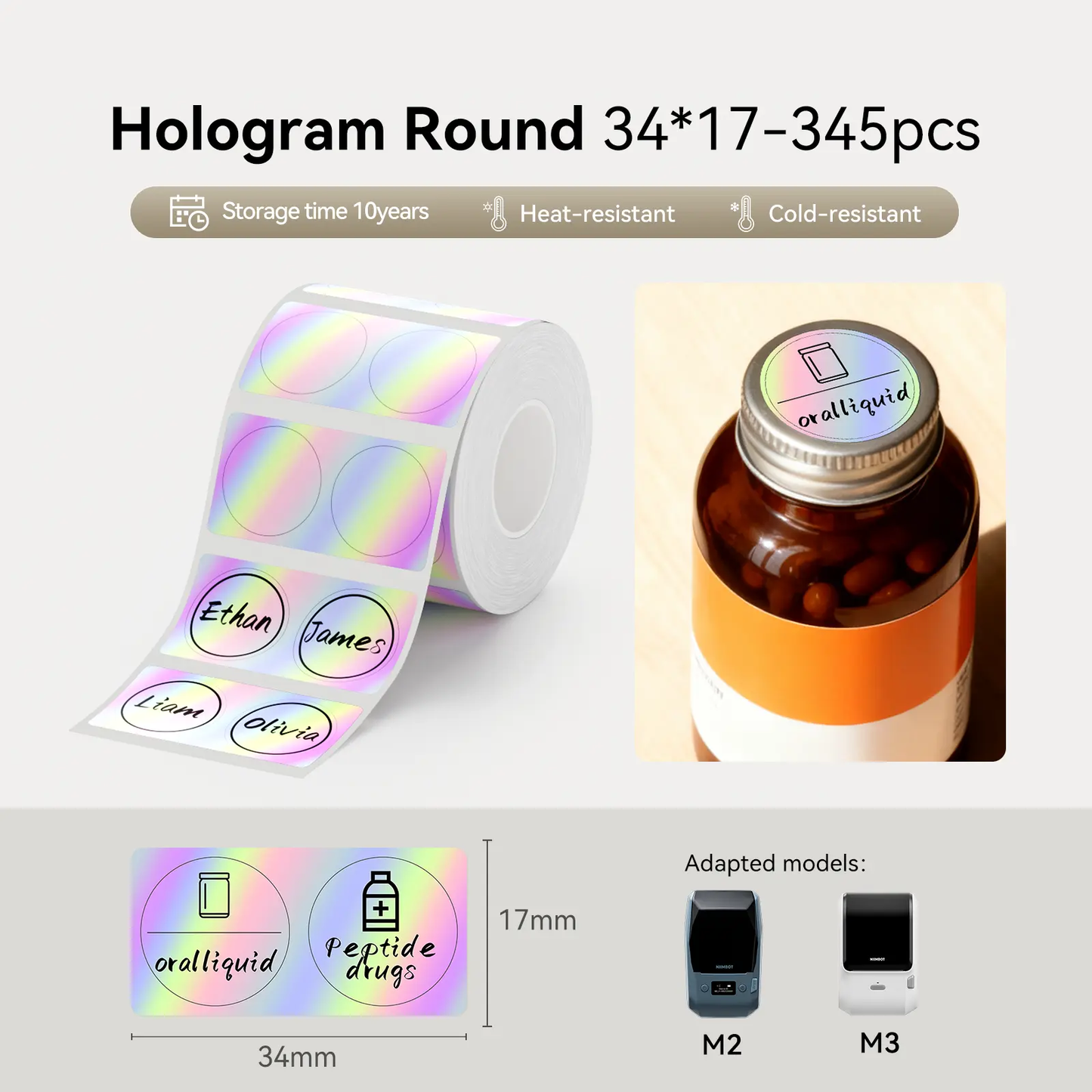 Niimbot M2_H/M3 34*17mm 345Pcs Round Holographic Thermal Transfer Label