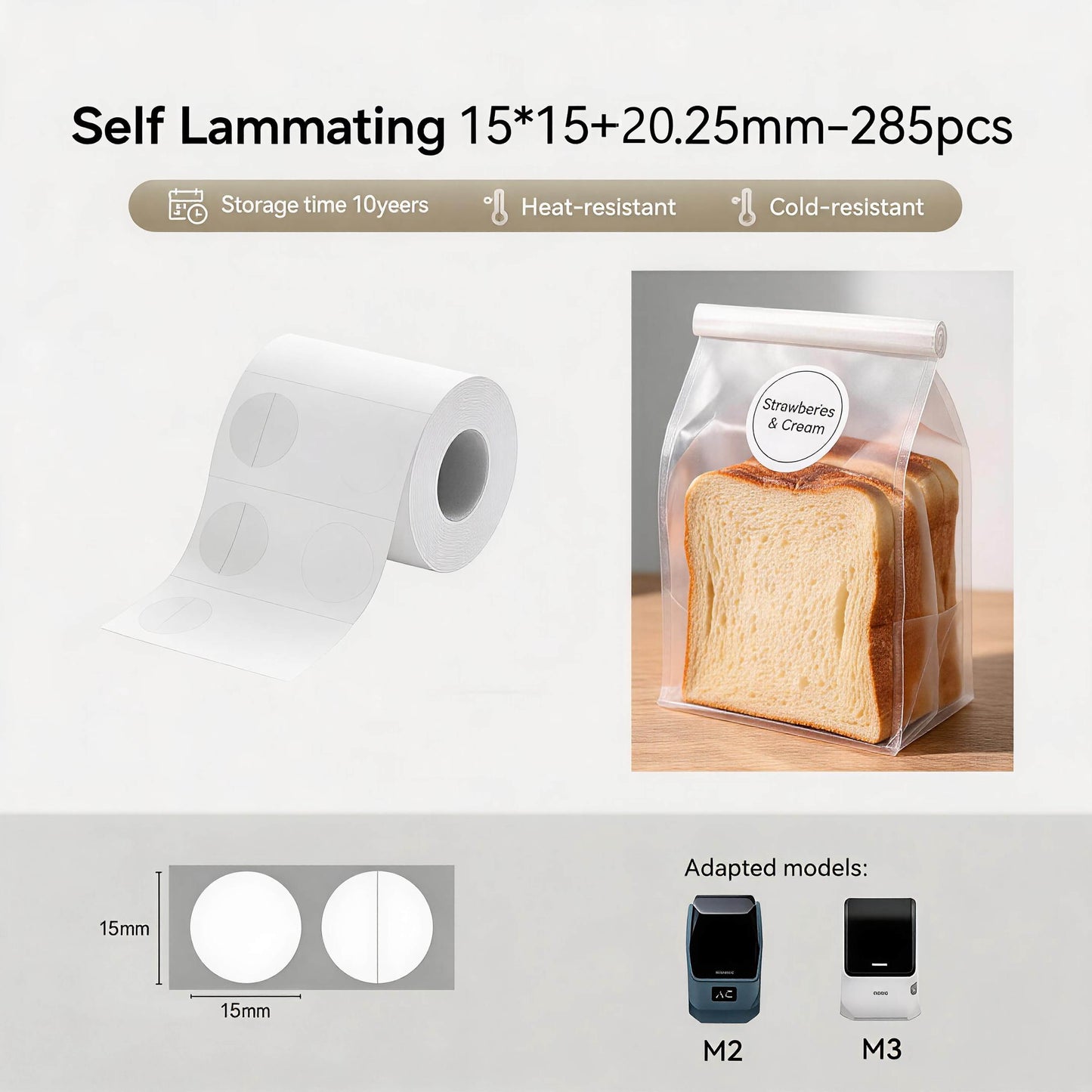 Niimbot M2_H/M3 15*15+20.25mm 285Pcs Self-laminated Round White Thermal Transfer Labels
