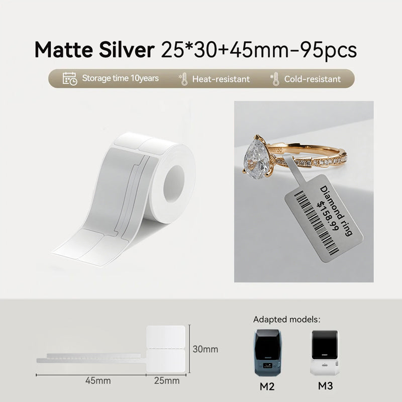 Niimbot M2/M3 25*30+45mm 95Pcs Thermal Transfer Labels Matte Silver Jewelry