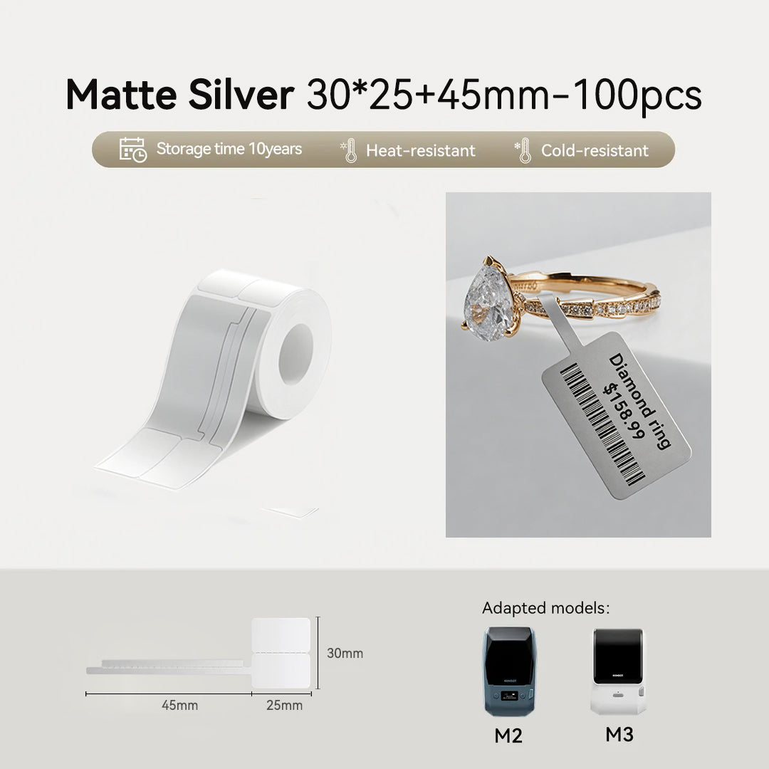 Niimbot M2/M3 30*25+45mm 100Pcs Thermal Transfer Labels Matte Silver Jewelry