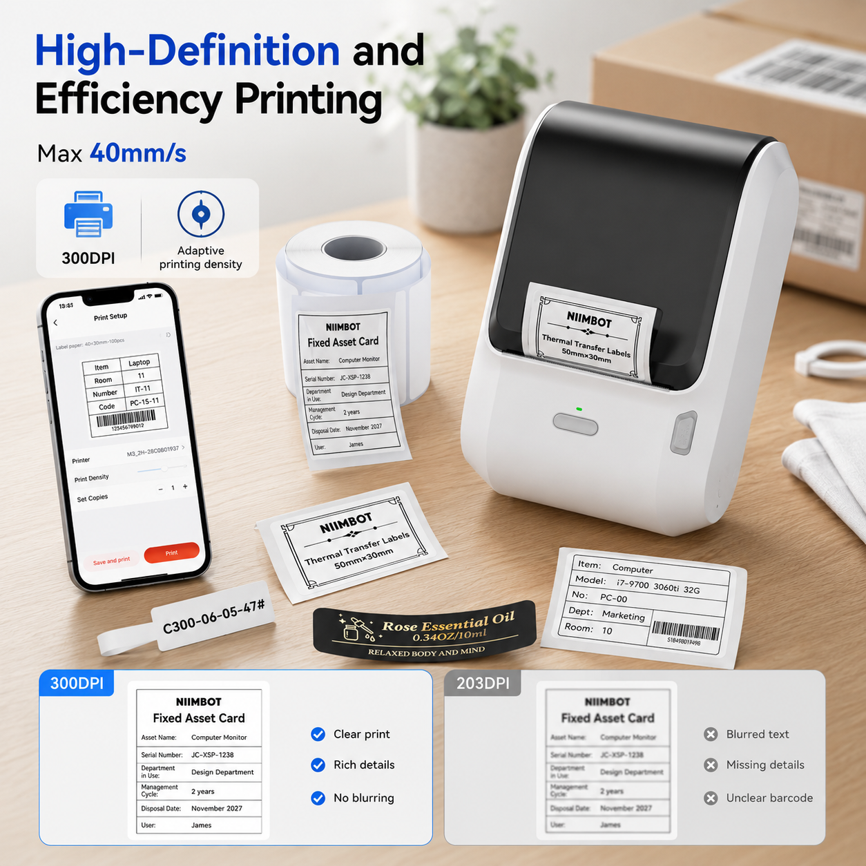 NIIMBOT M3 3Inch 300DPI Bluetooth Thermal Transfer Label Printer for Small Business Clothing, Address, Cable Storage