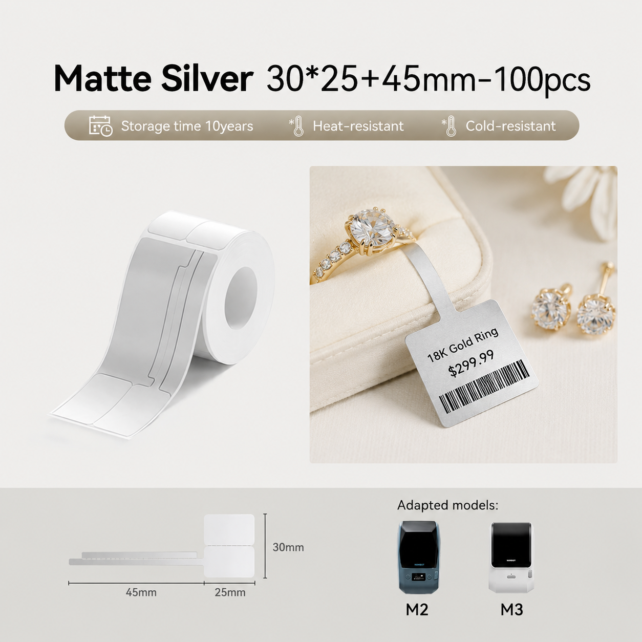Niimbot M2_H/M3 30*25+45mm 100Pcs Thermal Transfer Labels Matte Silver Jewelry