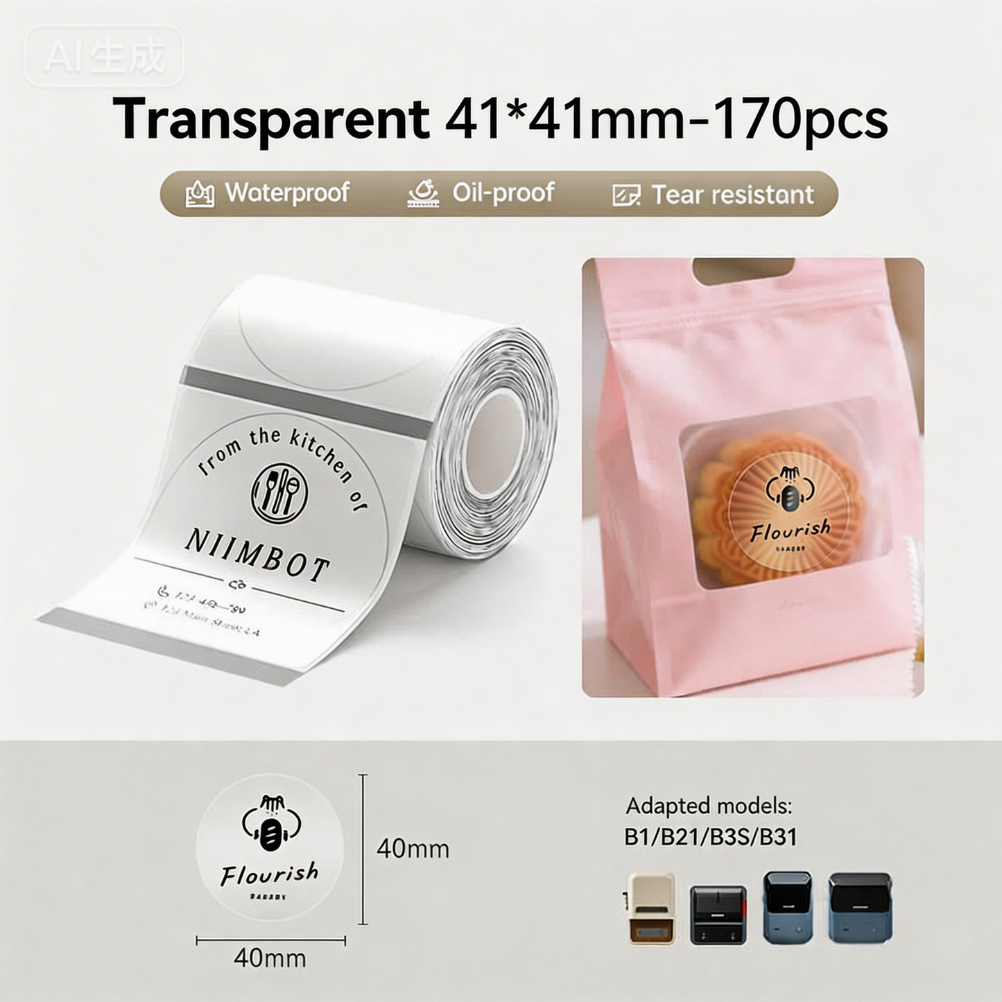 Niimbot B21/B3S/B1/B31 41*41mm 170Pcs Transparent Thermal Label